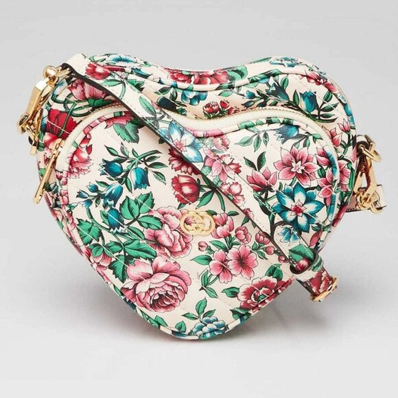 Gucci Brit Roses Print Quilted Leather Interlocking G Mini Heart Crossbody Bag - Picture 1 of 12